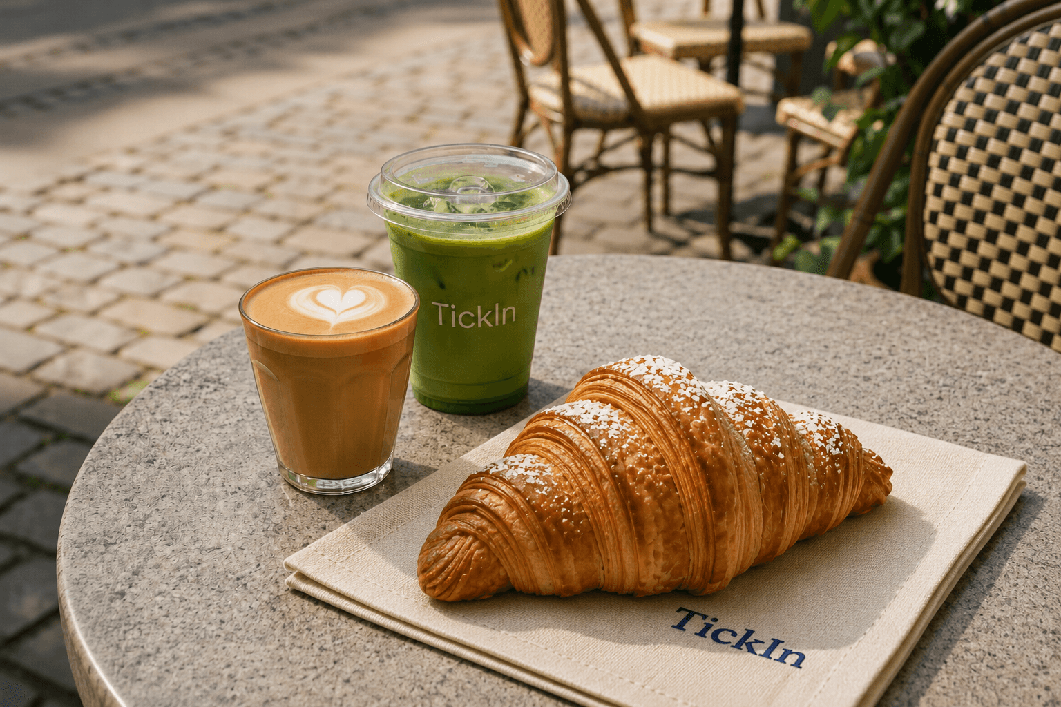 Kaffe, matcha og croissant på et café-bord i København